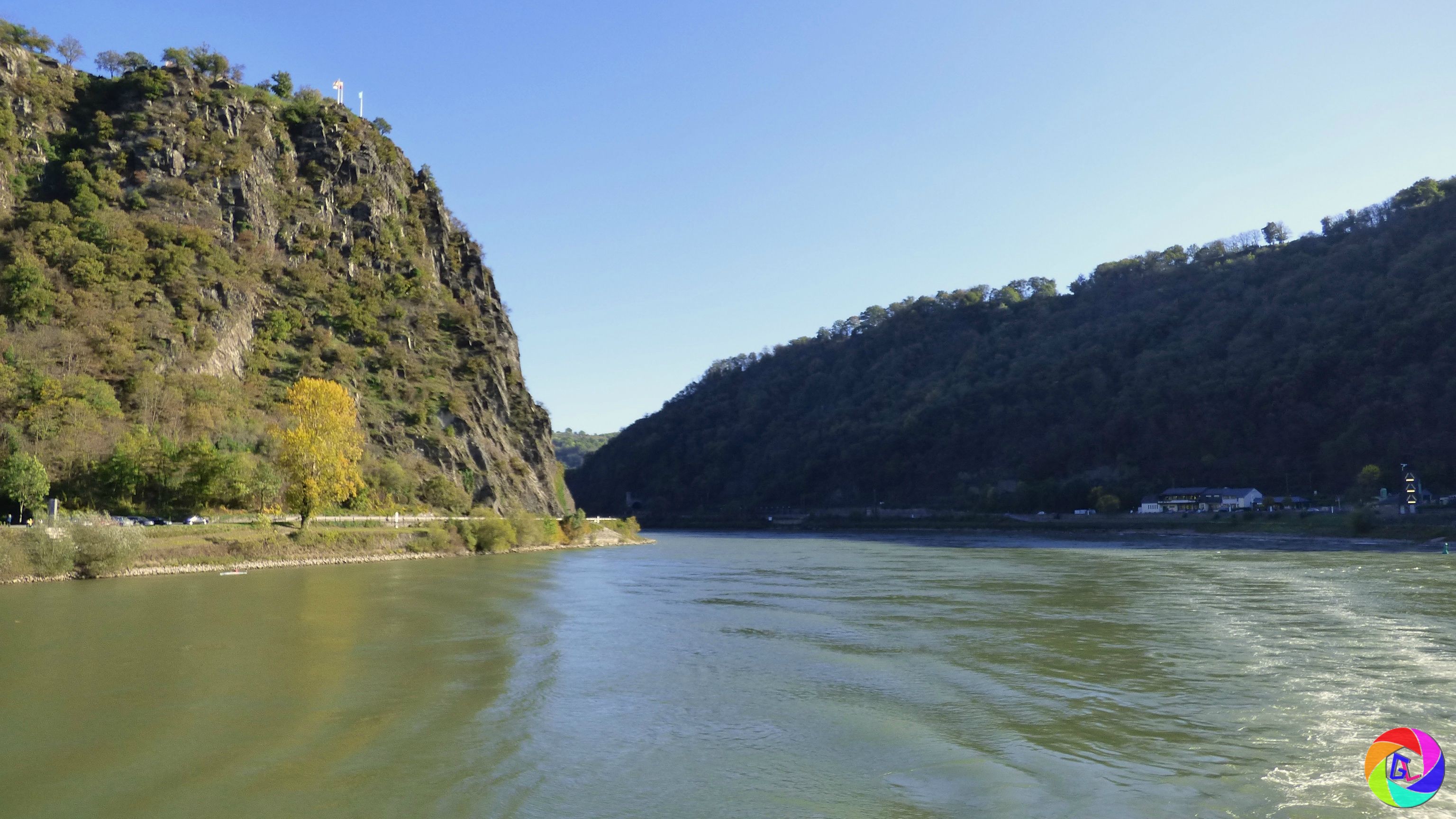Loreley Rock (on left bank) where Rhine twists to pass it
